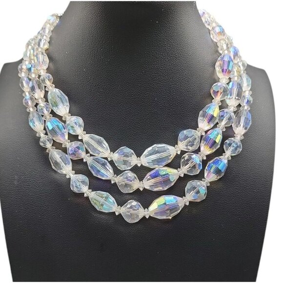 Aurora Borealis Choker Necklace Multistrand Glass Graduated 14" Beaded Chain - Picture 1 of 16